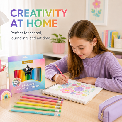 🎨 Erasable Colored Pencils with Built-In Eraser Tips