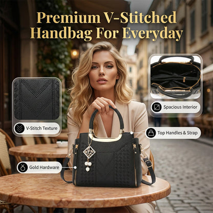👜Women's V-Stitched Satchel – Gold Hardware, Multi-Compartment, Top-Handle 🌸