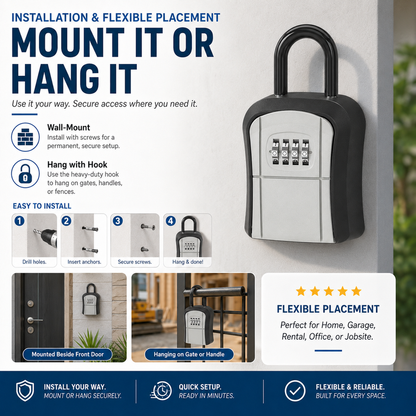 🔐50% OFF NOW! Wall‑Mount Waterproof Key Lock Box‑ 4‑Digit Combination Key Storage Safe Box, Hangable Outdoor Key Holder for Home, Rental, Office & Job Site
